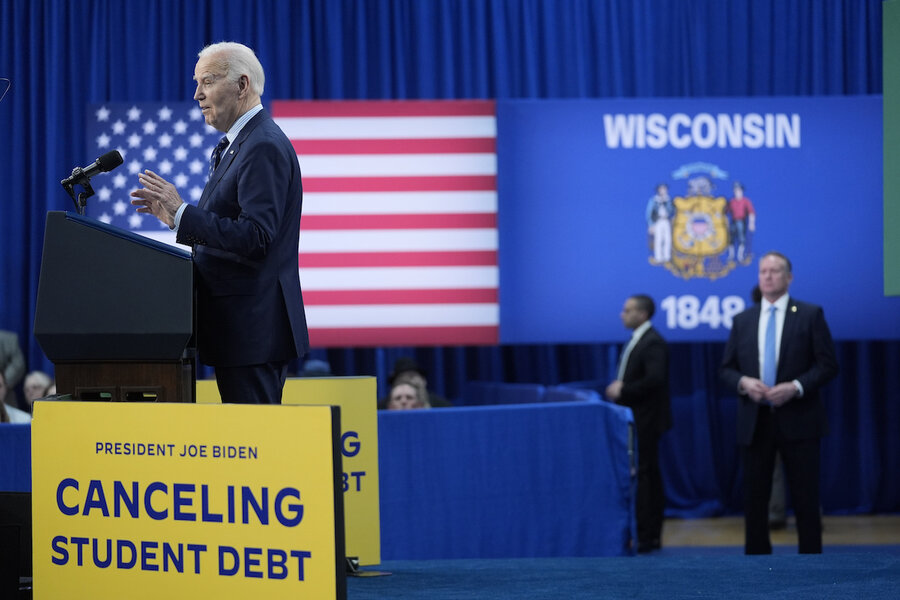 President Joe Biden speaks to a crowd about student loan debt at Madison College, April 8, 2024, in Madison, Wisconsin.