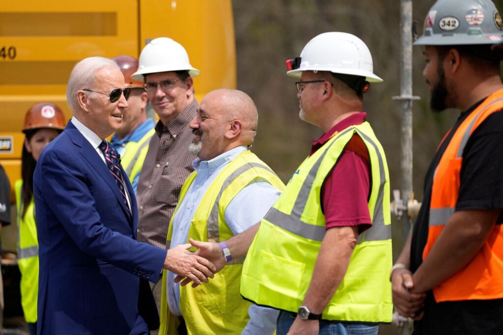 President Biden greets people as he tours a semiconductor manufacturer, Wolfspeed Inc, in North Carolina (AP Photo / Carolyn Kaster)