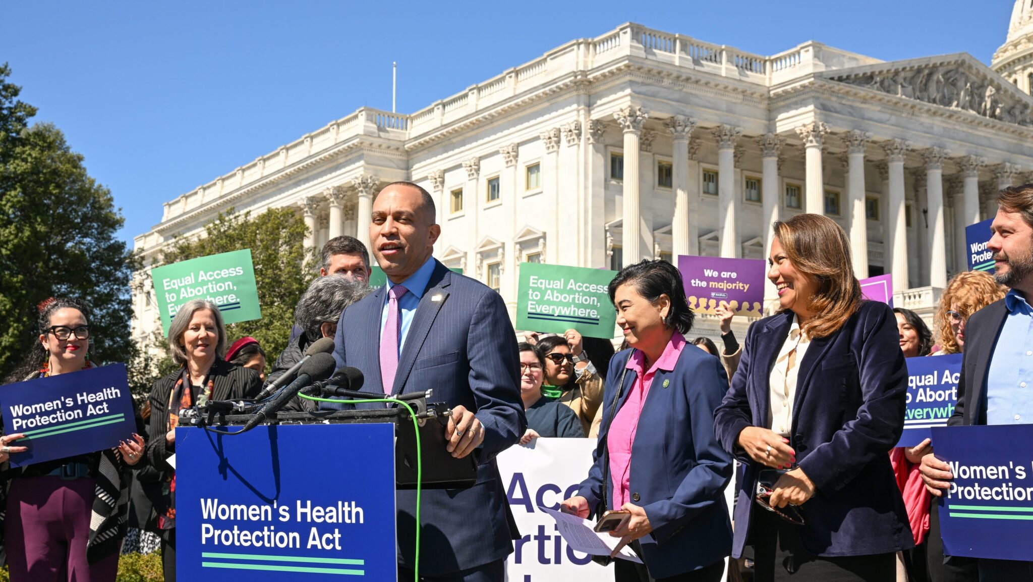 WHPA would protect abortion access nationwide by creating a statutory right for health care providers to provide, and a corresponding right for their patients to receive, abortion care—free from restrictions and bans.  Shown above: House Minority Leader Hakeem Jeffries speaking about the bill, March 2023.